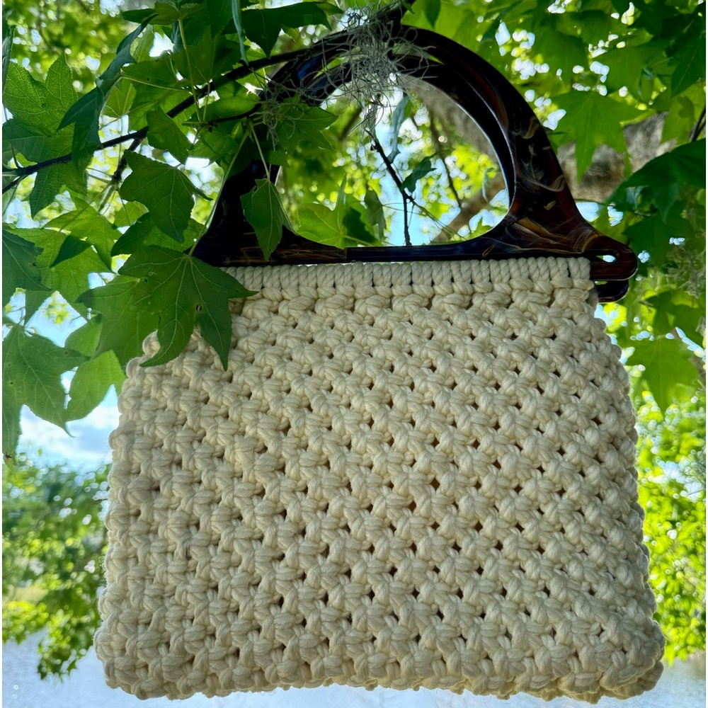 Vtg 70s Accento Craft Cream Macrame Bag Bakelite Style Handles Festi Boho As Is